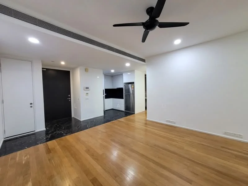 Living features: wooden flooring, white painted walls, recessed downlights, 5-blade ceiling fan, black accent wall, open layout, large windows, marble flooring at entrance; style: modern. Kitchen features: stainless-steel fridge, black cabinetry, countertop, open layout to living area; style: modern.