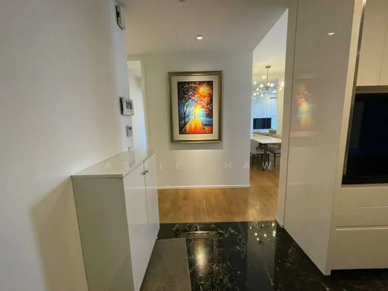 Room features: white painted walls, wood flooring, black marble flooring, framed artwork, recessed downlights, ceiling light fixture, open layout, built-in cabinetry; style: modern.