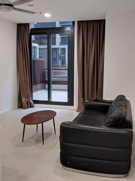 Living features: black leather sofa, round wooden coffee table, floor-to-ceiling windows, sheer curtains, dark brown curtains, white painted walls, light-colored tile flooring, ceiling fan; style: modern.