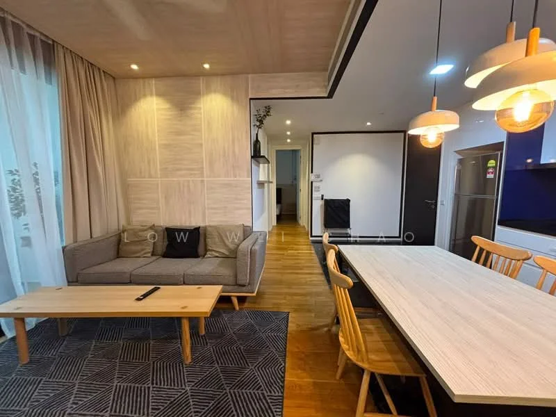 Living features: 3-seater fabric sofa in grey, wooden coffee table, area rug with geometric pattern, wooden dining table, 4 wooden dining chairs, recessed downlights, floor-to-ceiling windows with sheer curtains, wooden flooring, decorative wall paneling, open layout to kitchen; style: modern. Kitchen features: stainless-steel fridge, built-in oven, freestanding range oven, kitchen cabinetry, countertop with light color, recessed lighting; style: modern.