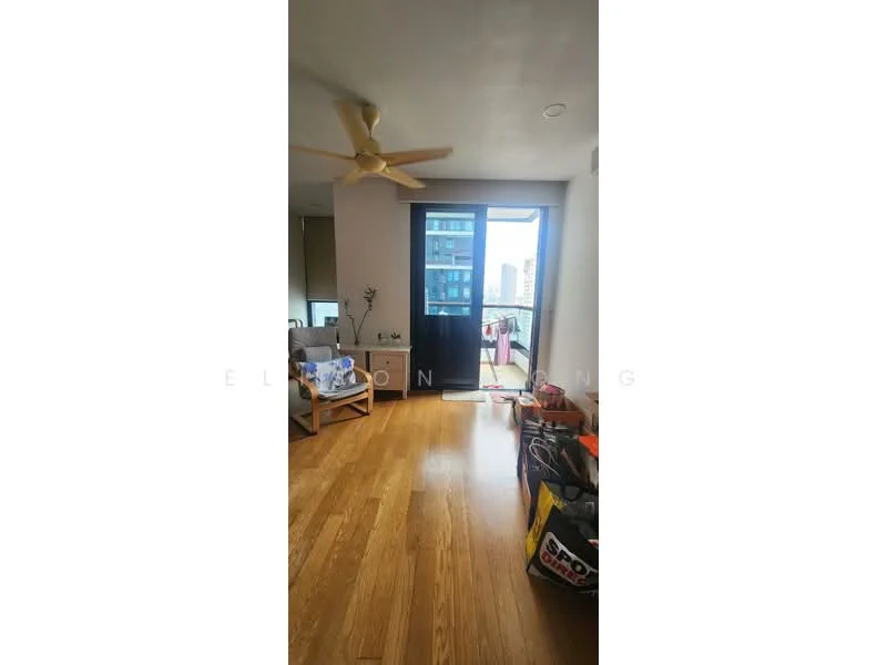 Room features: wooden flooring, 5-blade ceiling fan, floor-to-ceiling windows, sliding glass door, balcony view, neutral wall colour, decorative plants, furniture including a sofa and side table, boxes and bags on the floor; style: modern; view: city.