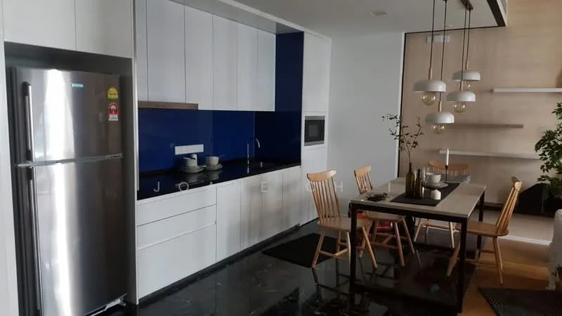 Kitchen features: stainless-steel fridge, white cabinetry, blue backsplash, built-in microwave, black countertop, black marble flooring, pendant lighting, dining table with wooden chairs, decorative plant, open shelving; style: modern.