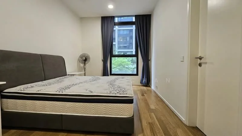 Bedroom features: queen-size bed, upholstered headboard, wooden flooring, floor-to-ceiling window, blackout curtains, wall-mounted fan, white painted walls, nightstand, decorative wall art; style: modern; view: garden.