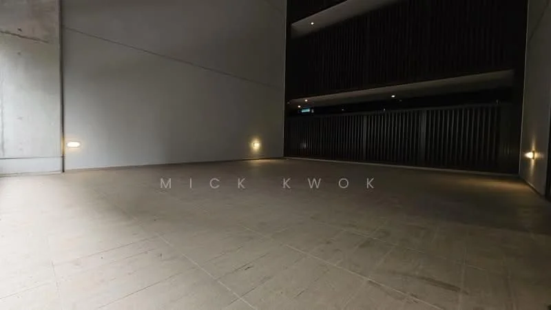 Exterior features: concrete walls, smooth concrete flooring, wall-mounted lighting fixtures, metal railing, dark wooden paneling, open space, minimalist design; style: modern.