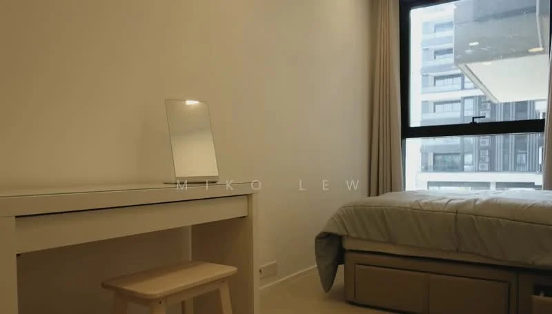 Bedroom features: white painted walls, light-colored flooring, large window with city view, bed with light bedding, wooden bedside storage, dressing table with mirror, stool, curtains, built-in wardrobe; style: modern; view: city.