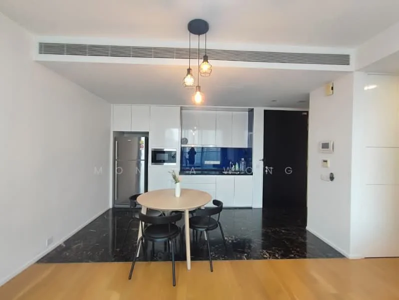 Dining features: round dining table, 4 black dining chairs, pendant lighting with three bulbs, white cabinetry, blue backsplash, stainless-steel fridge, built-in oven, ceramic cooktop, black marble flooring, wooden flooring, open layout to kitchen, recessed ceiling lights; style: modern. Kitchen features: white cabinetry, blue backsplash, stainless-steel fridge, built-in oven, ceramic cooktop, black marble flooring, recessed ceiling lights; style: modern.