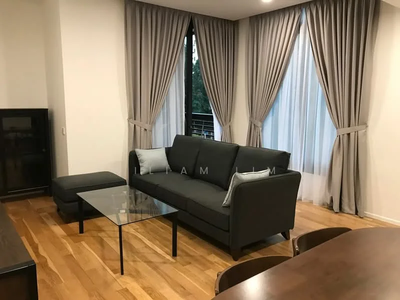 Living features: 3-seater fabric sofa in dark grey, glass coffee table, wooden flooring, floor-to-ceiling windows, sheer curtains, blackout curtains, accent pillows, ottoman, wall-mounted TV unit; style: modern; view: garden.