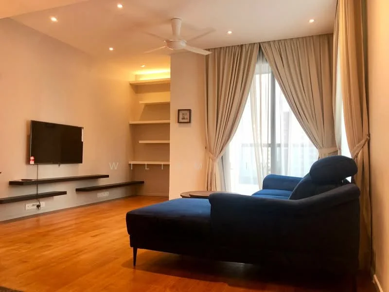 Living features: 3-seater fabric sofa in navy blue, wooden flooring, recessed downlights, 5-blade ceiling fan, wall-mounted TV, floating TV console, built-in shelving unit, floor-to-ceiling windows with sheer curtains, curtains in light beige, decorative wall art; style: modern.