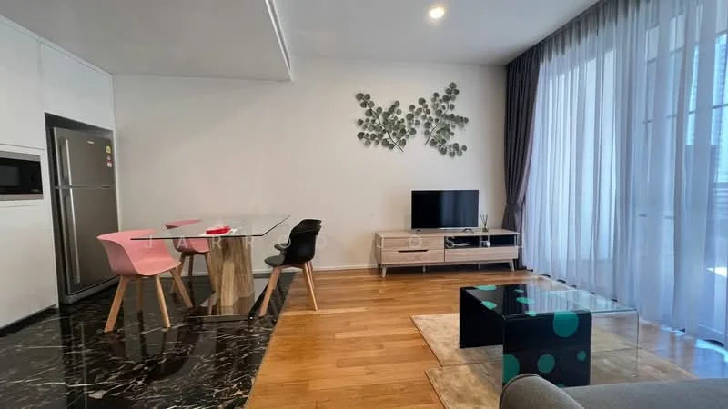 Living features: black marble flooring, wood flooring, floor-to-ceiling windows, sheer curtains, TV console, wall-mounted TV, glass coffee table, area rug, dining table with 4 pink chairs, decorative wall art, sofa, light fixture; style: modern; view: city.