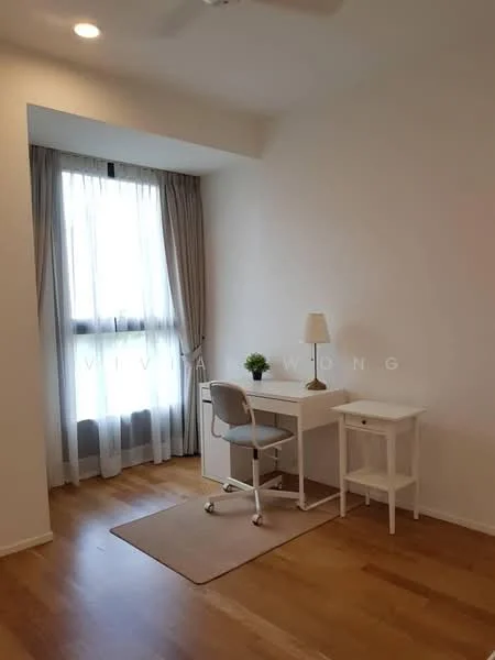 Study features: wooden flooring, white painted walls, floor-to-ceiling window, sheer curtains, desk with chair, table lamp, small side table, decorative plant, area rug; style: modern.