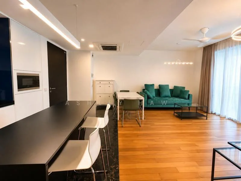 Living features: green upholstered sofa, white dining table, 4 white dining chairs, black countertop, wooden flooring, recessed LED downlights, ceiling fan, floor-to-ceiling windows with sheer curtains, black coffee table, built-in cabinetry, air conditioning unit; style: modern.