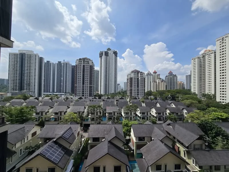 Exterior type: linked terrace house; features: multiple linked terrace houses, flat roofs, solar panels on rooftops, green landscaping, surrounding high-rise buildings, urban skyline, clear blue sky, mature trees; style: modern.