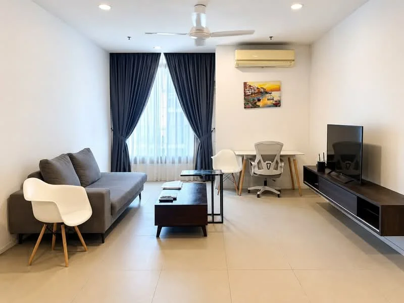 Living features: grey fabric sofa, white plastic chair, wood coffee table, TV console, wall-mounted TV, ceiling fan, floor-to-ceiling windows, sheer curtains, air conditioning unit, decorative artwork on wall, light-colored tiled flooring, recessed lighting; style: modern.