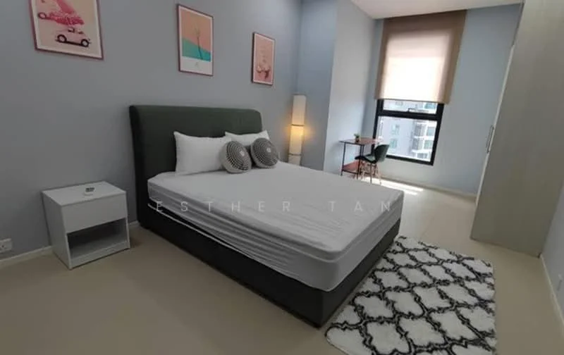 Bedroom features: king-size bed with upholstered headboard, white bedding, two decorative pillows, nightstand with drawer, table lamp, area rug with geometric pattern, floor-to-ceiling window, roller blinds, study desk with chair, light blue painted walls, cream-colored flooring; style: modern; view: city.