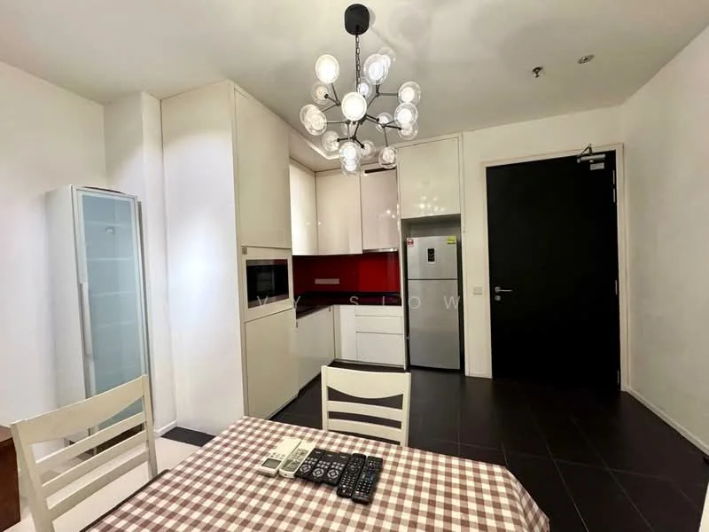 Kitchen features: white cabinetry, red backsplash, stainless-steel fridge, built-in microwave, freestanding range oven, single-bowl stainless-steel sink, chrome pull-down faucet, black countertop, table with checkered tablecloth, 4 white dining chairs, black tiled flooring, chandelier with multiple bulbs, wall-mounted cabinet; style: modern.
