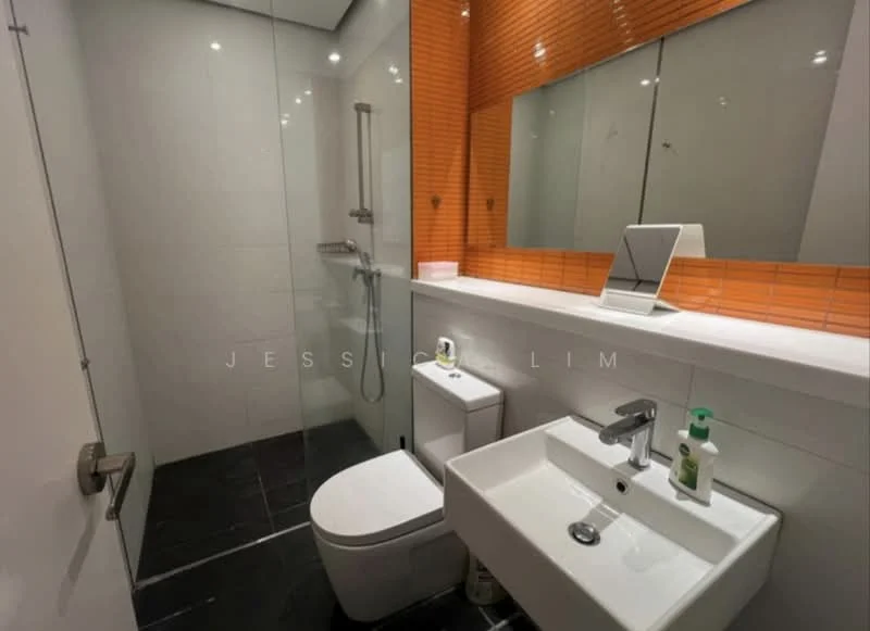 Bathroom features: walk-in shower with glass enclosure, rain shower head, handheld shower, single-sink vanity with white cabinet, chrome basin mixer, framed mirror, one-piece toilet, orange tile backsplash, white tiled walls, black tile flooring, recessed downlights; style: modern.