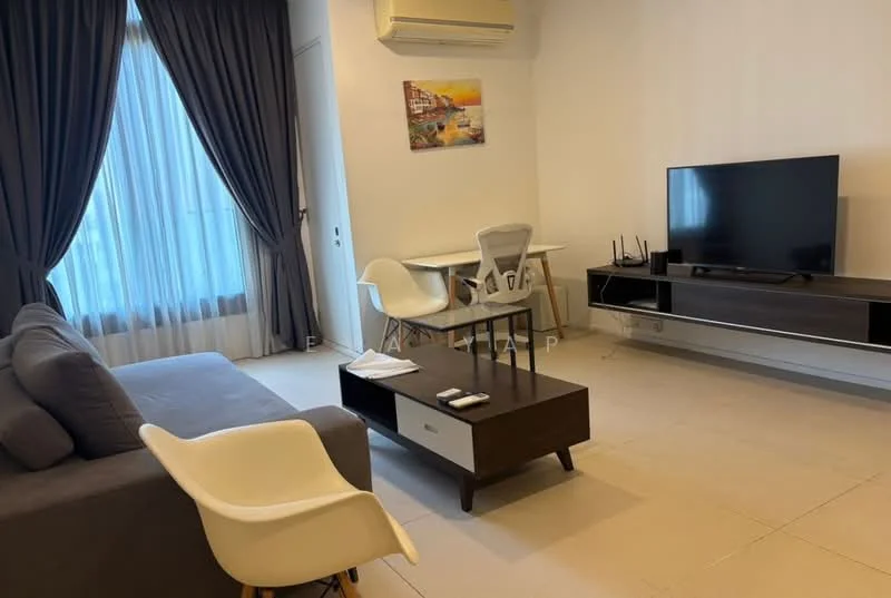 Living features: grey fabric sofa, white armchair, wooden coffee table, TV console, wall-mounted TV, curtains, air conditioning unit, light-colored walls, tile flooring, decorative artwork, study desk with chair; style: modern.