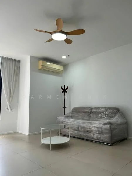 Living features: 3-seater fabric sofa wrapped in plastic, round coffee table, 5-blade ceiling fan with integrated LED light, wall-mounted split AC, white painted walls, tile flooring, curtains, coat rack; style: modern.