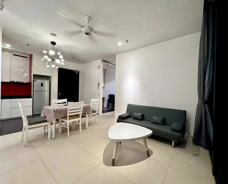 Living features: 3-blade ceiling fan, chandelier with multiple bulbs, grey fabric sofa, white coffee table with unique shape, 6-seater dining table with checkered tablecloth, white wooden dining chairs, tile flooring, white painted walls, blackout curtains, refrigerator visible in kitchen area; style: modern.