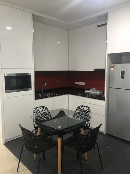 Kitchen features: white high-gloss cabinetry, black countertop, red accent wall, built-in microwave, stainless-steel fridge, single-bowl stainless-steel sink, chrome faucet, glass dining table, 4 black plastic dining chairs, tile flooring; style: modern.