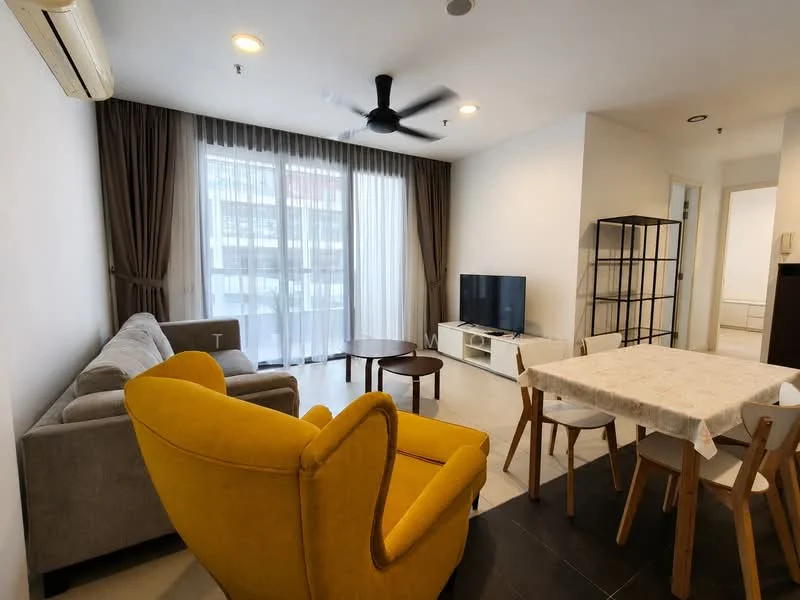 Living features: grey fabric sofa, yellow accent armchair, wooden dining table, 4 wooden dining chairs, wall-mounted TV, TV console, floor-to-ceiling windows, sheer curtains, ceiling fan, recessed downlights, light-colored walls, dark tiled flooring, light-colored flooring; style: modern.