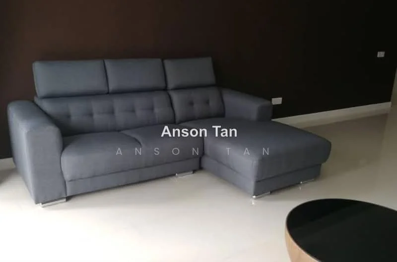 Living features: L-shape sectional sofa in grey, smooth tiled flooring, dark accent wall, light-colored baseboards, coffee table, floor-to-ceiling windows, minimalist decor; style: modern.