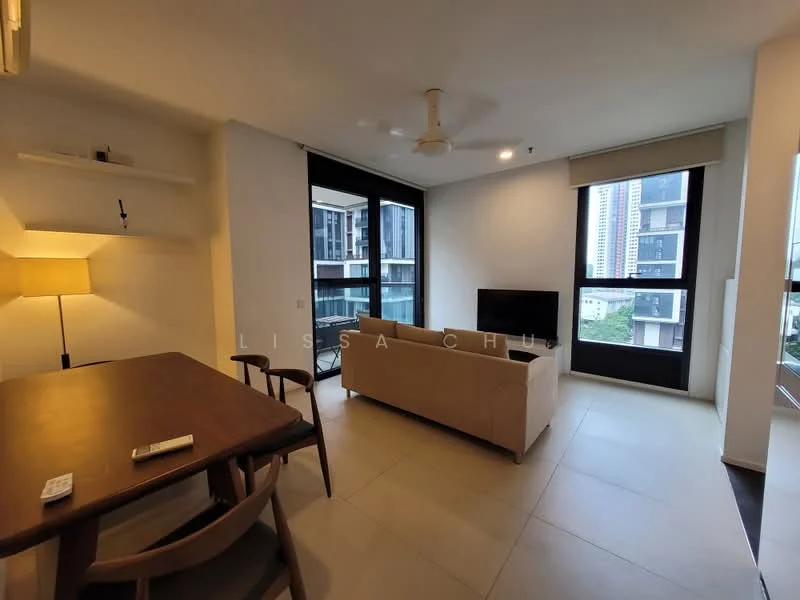 Living features: 3-seater fabric sofa in beige, wall-mounted TV, coffee table, floor-to-ceiling windows, light-colored walls, ceiling fan, tile flooring, decorative shelving, curtains, dining table with wooden chairs; style: modern; view: garden.