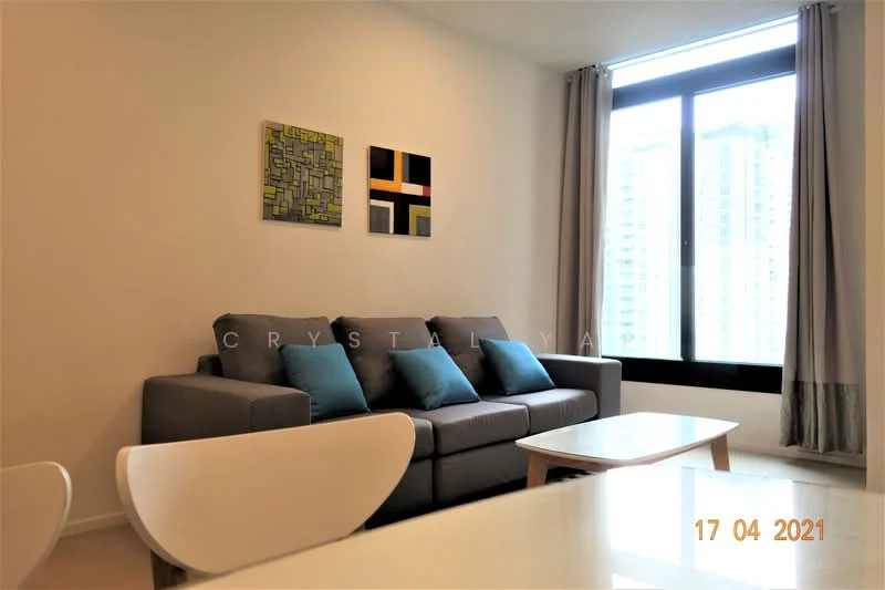 Living features: 3-seater fabric sofa in grey, blue accent cushions, glass coffee table, framed artwork on walls, floor-to-ceiling window, sheer curtains, light-colored walls, wooden flooring; style: modern; view: city.