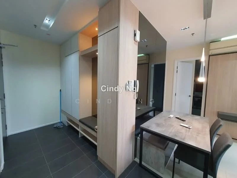 Room features: wooden cabinetry, grey tiled flooring, dining table with chairs, pendant light fixture, built-in storage unit, open layout, neutral wall color, sliding door, wall-mounted air conditioning unit; style: modern.