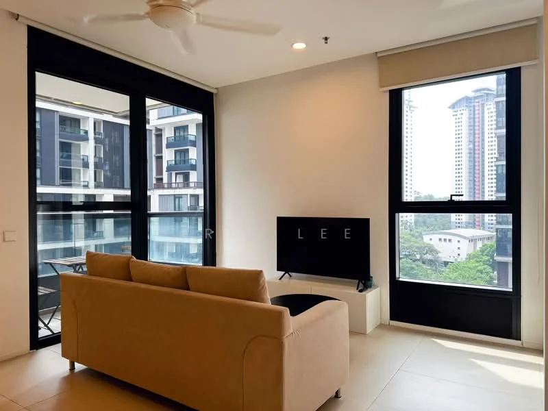 Living features: 3-seater fabric sofa in beige, wall-mounted TV, TV console, floor-to-ceiling windows, sliding glass door, ceiling fan, light-colored tile flooring, roller blinds; style: modern; view: city.