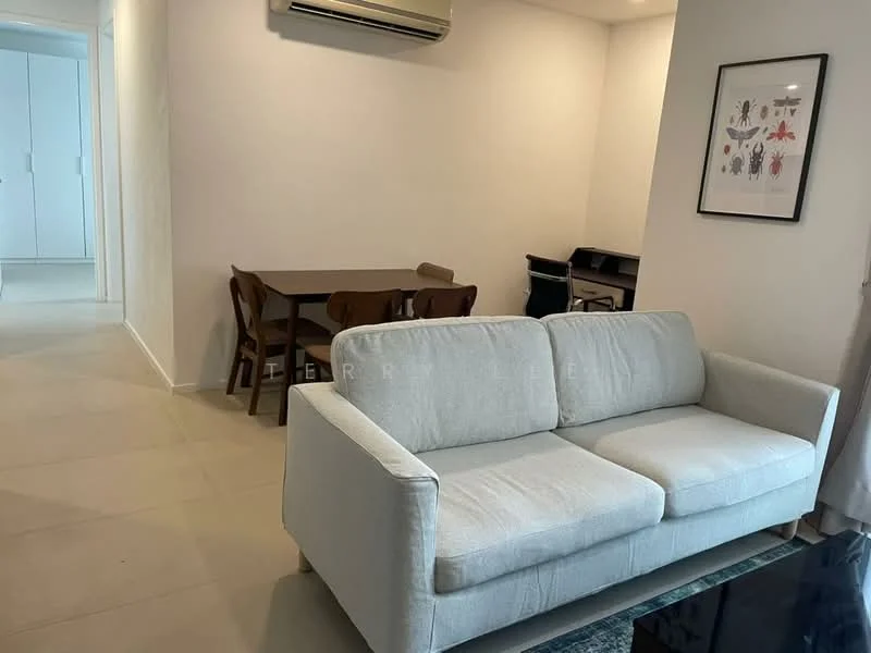 Living features: 3-seater fabric sofa in light grey, dining table with 4 wooden chairs, wall-mounted split AC, light-colored walls, tile flooring, framed artwork on wall, wooden side table, black console table; style: modern.