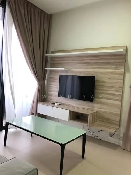 Living features: wall-mounted TV, wooden TV console, glass coffee table, beige wall, light-colored flooring, floor-to-ceiling windows, sheer curtains, dark curtain rods, shelf above TV; style: modern.