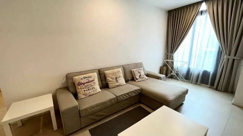 Living features: L-shape sectional sofa in grey, decorative cushions with text, white coffee table, area rug, floor-to-ceiling window, sheer curtains, light-coloured walls, tile flooring; style: modern.