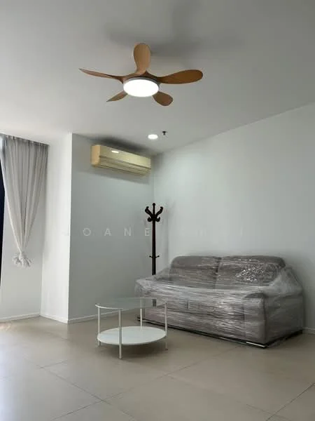 Living features: 3-seater fabric sofa wrapped in plastic, round coffee table, 5-blade ceiling fan with integrated LED light, wall-mounted split AC, white painted walls, tile flooring, curtains, coat rack; style: modern.