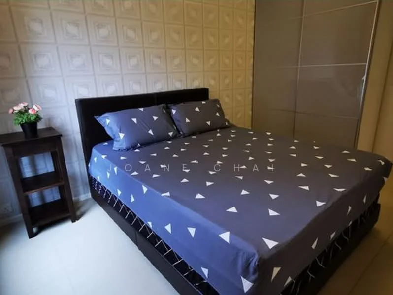 Bedroom features: queen-size bed with patterned bedding, upholstered headboard, two bedside pillows, nightstand with drawer, decorative plant in pot, geometric wallpaper, built-in wardrobe with sliding doors, tile flooring; style: modern.