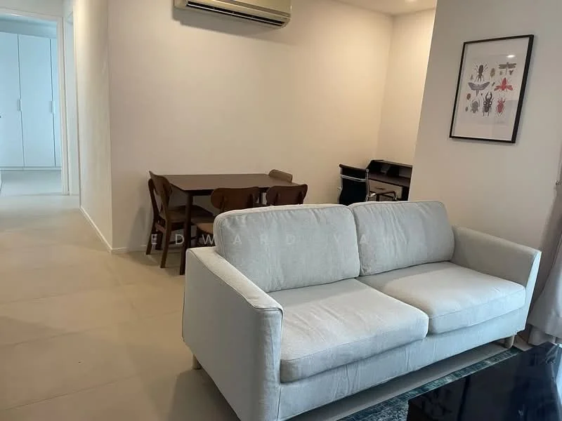 Living features: light-colored fabric sofa, wooden dining table with four chairs, wall-mounted air conditioning unit, light-colored walls, tile flooring, framed artwork on the wall, open layout, built-in cabinetry, natural light from windows; style: modern.