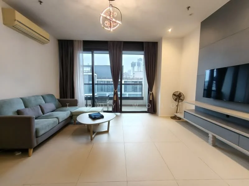 Living features: 3-seater fabric sofa in teal, round coffee table, wall-mounted TV, TV console with storage, floor-to-ceiling windows, curtains in grey, ceiling light fixture, wall-mounted air conditioning unit, tile flooring, decorative wall panel, standing fan; style: modern; view: city.
