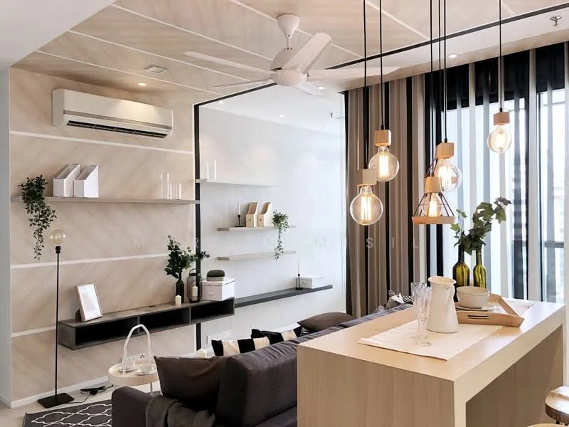 Living features: 5-blade ceiling fan with integrated LED light, wall-mounted split AC, light wood panelled walls, dark wood shelving unit, black floating shelf, grey fabric sofa, decorative cushions, glass pendant lights, white dining table, ceramic vase, glassware on table, floor-to-ceiling windows with sheer curtains, decorative plants; style: modern; view: city.