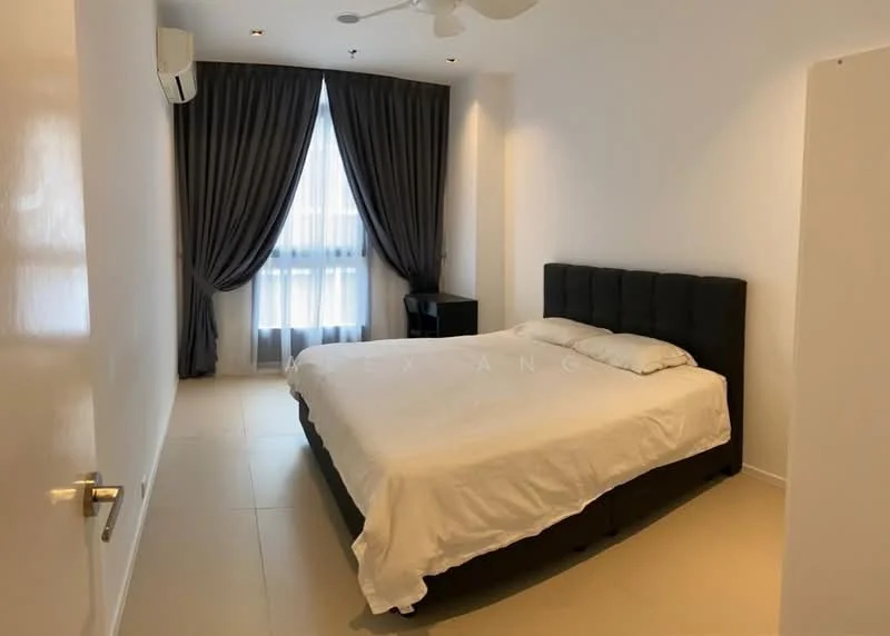 Bedroom features: king-size bed with upholstered headboard, white bedding, floor-to-ceiling window with sheer curtains, dark grey curtains, wall-mounted air conditioning unit, nightstand, light-colored tiled flooring, recessed ceiling lights, ceiling fan; style: modern.
