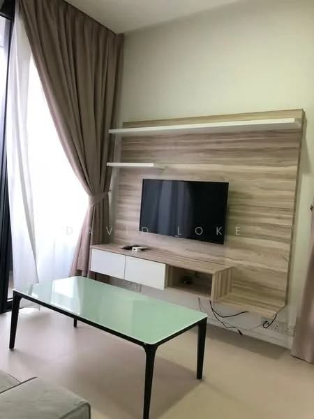 Living features: wall-mounted TV, wooden feature wall, glass coffee table, black metal legs on coffee table, light-colored flooring, floor-to-ceiling windows, sheer curtains, shelf above TV, minimalist design; style: modern.