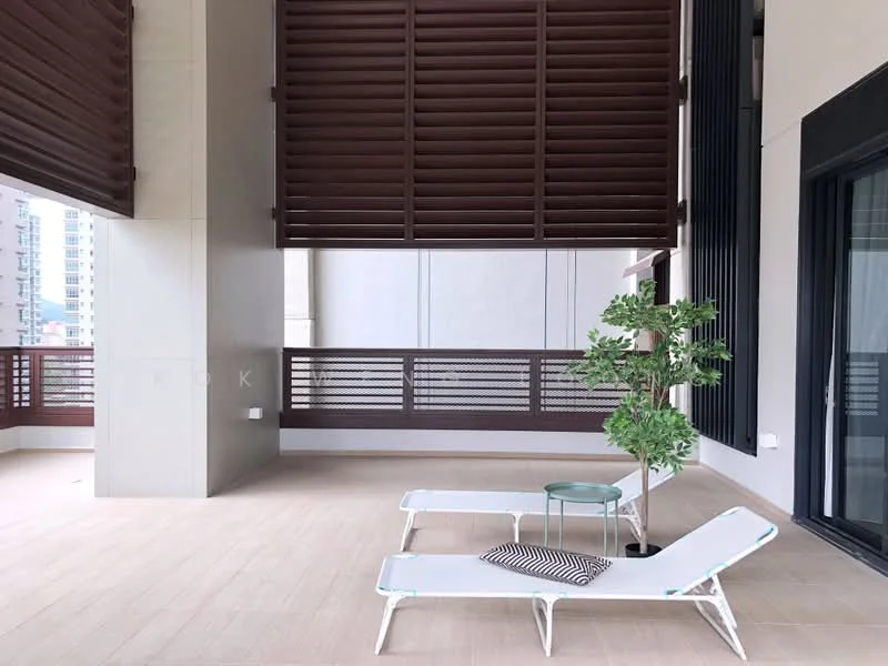Balcony features: two white lounge chairs, small round side table, decorative potted plant, wooden slatted privacy screen, grey tiled flooring, glass railing, open space, city view; style: modern; view: city.