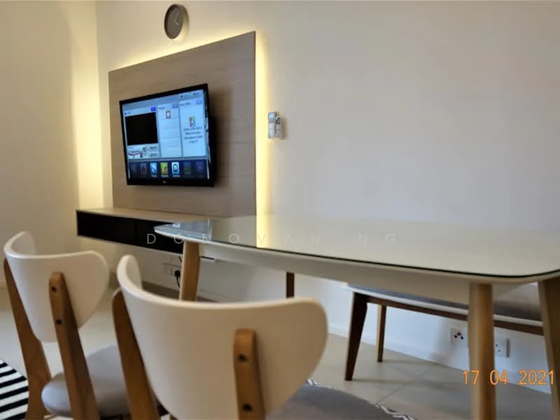 Dining features: glass dining table, 4 wooden dining chairs, wall-mounted TV, light wood panel feature wall, white walls, recessed lighting, clock on wall, black console unit under TV, striped area rug, neutral tile flooring; style: modern.