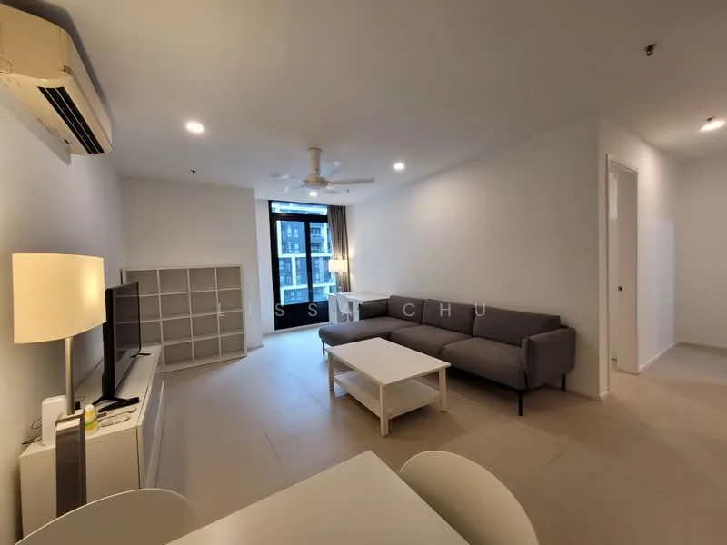 Living features: grey fabric sofa, white coffee table, TV console, wall-mounted TV, 5-blade ceiling fan with light, recessed downlights, floor-to-ceiling windows, sliding glass door, cream painted walls, light-colored tile flooring; style: modern; view: city.
