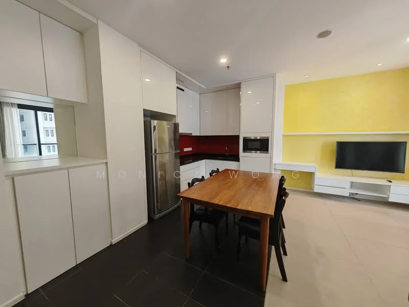 Kitchen features: white cabinetry with flat-panel doors, stainless-steel fridge, built-in oven, microwave, red backsplash, wood dining table, black dining chairs, black tile flooring, white walls, recessed downlights, TV console with wall-mounted TV, cream-colored wall, open shelving; style: modern.