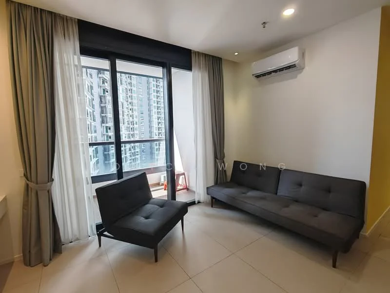 Living features: floor-to-ceiling windows, grey fabric sofa, 2-seater sofa, air conditioning unit, light-colored walls, neutral tile flooring, curtains, decorative wall with yellow accent; style: modern; view: city.