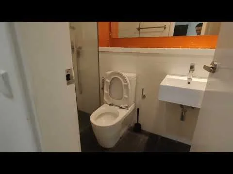 Bathroom features: white wall tiles, orange accent wall, single-sink vanity with wall-mounted faucet, framed mirror, one-piece toilet, glass shower enclosure, rain shower head, black floor tiles; style: modern.