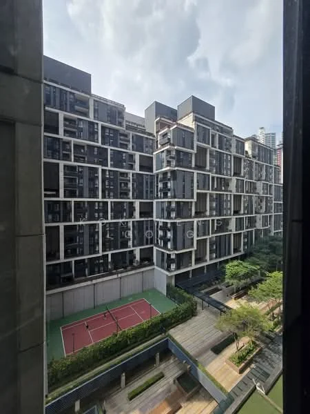 Exterior type: mid-rise condominium; features: glass curtain wall, black and white facade, recessed balconies, tennis court, landscaped garden, manicured lawn, outdoor seating area, surrounded by greenery; style: modern.