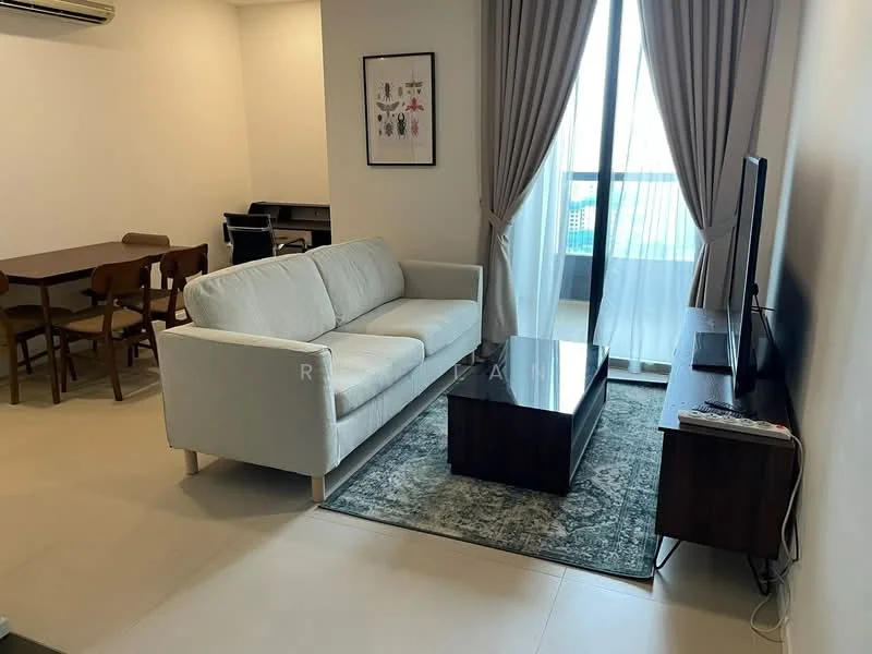 Living features: 3-seater fabric sofa in light grey, coffee table, TV console, wall-mounted TV, area rug with geometric pattern, floor-to-ceiling windows, curtains, recessed downlights, air conditioning unit; style: modern; view: city. Dining features: 6-seater dining table, wooden dining chairs, sideboard, decorative artwork on wall; style: modern.