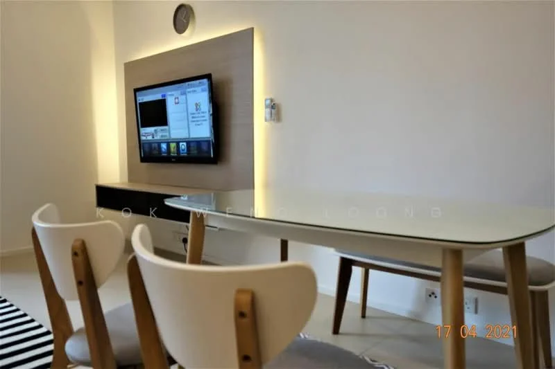 Dining features: glass dining table, 4 wooden dining chairs, wall-mounted TV, wooden feature wall, LED backlighting, striped area rug, white painted walls, neutral tile flooring; style: modern.