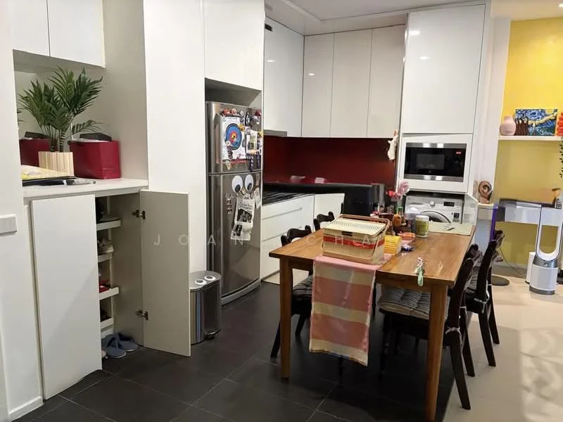 Kitchen features: white cabinetry, stainless-steel fridge, built-in oven, microwave, red backsplash, black countertop, wood dining table, 4 dining chairs, open shelving, kitchen island, tile flooring, potted plant, dishwasher, wall-mounted kitchen appliances; style: modern.
